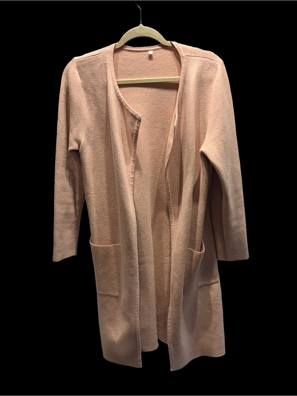 Blush Pink Long Open Front Knit Cardigan with Pockets - L